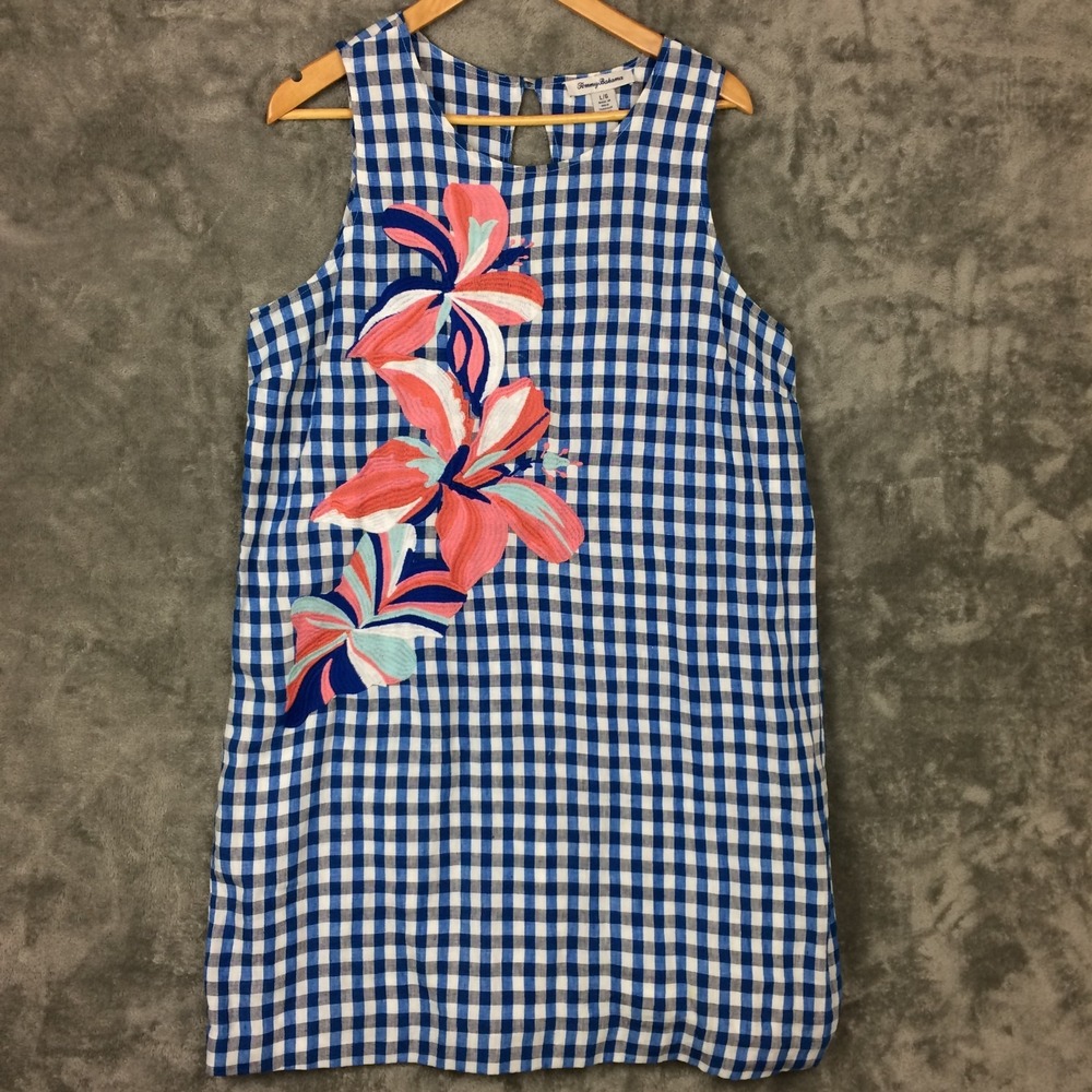 Tommy Bahama Shift Dress Large Linen Embroidery Floral Gingham Lined